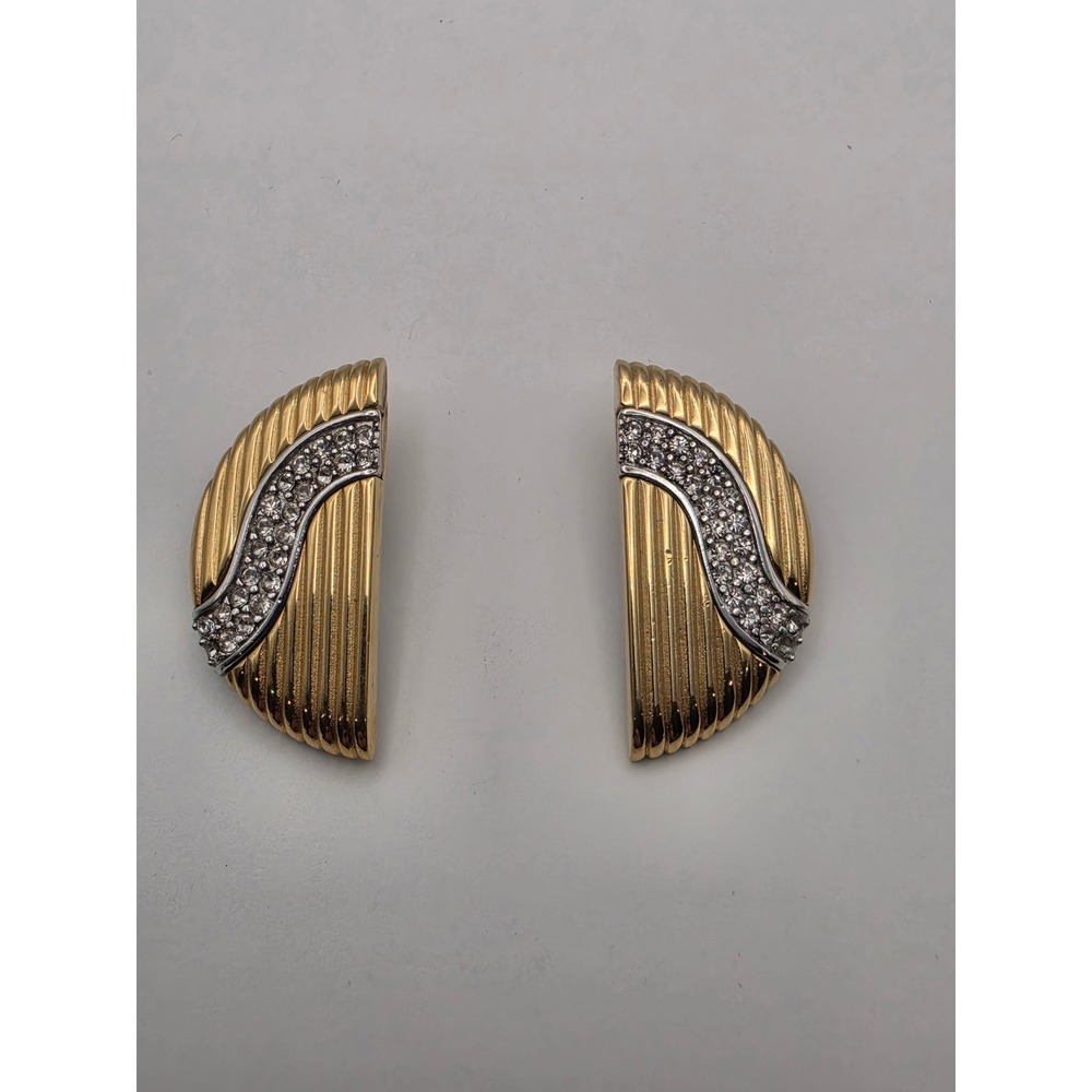 Givenchy Vintage Two Tone Gold Silver Rhinestone Ribbed Fan Clip On Earrings‎